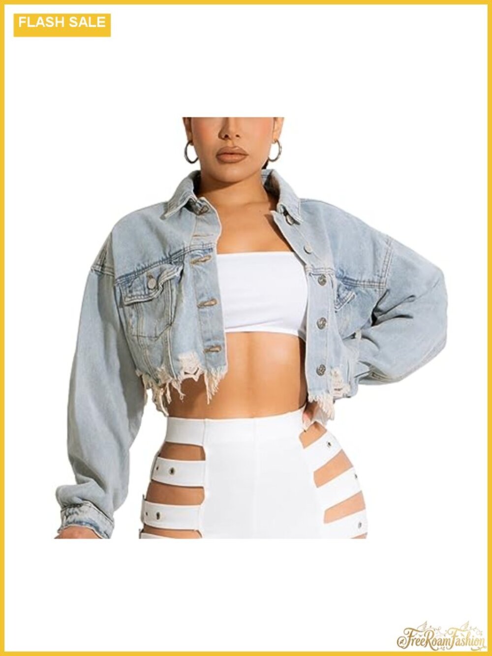 Cropped Distressed Denim Jacket Button Up Long Sleeve Frayed Hem 98% Cotton